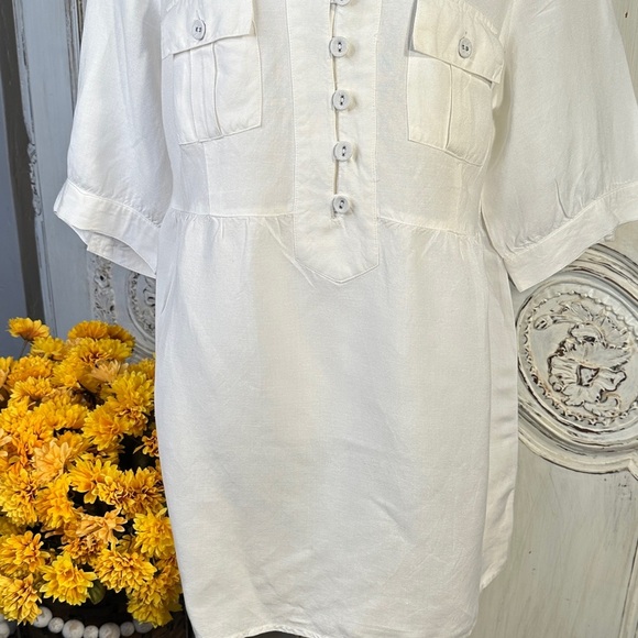 Lane Bryant Linen Blend White 1/4 Button-Down Short Sleeve Top - Picture 3 of 8